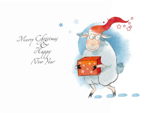 Feliz Natal Feliz Ano Novo Cartão Cordeiro Bonito Com Uma — Fotografia de Stock