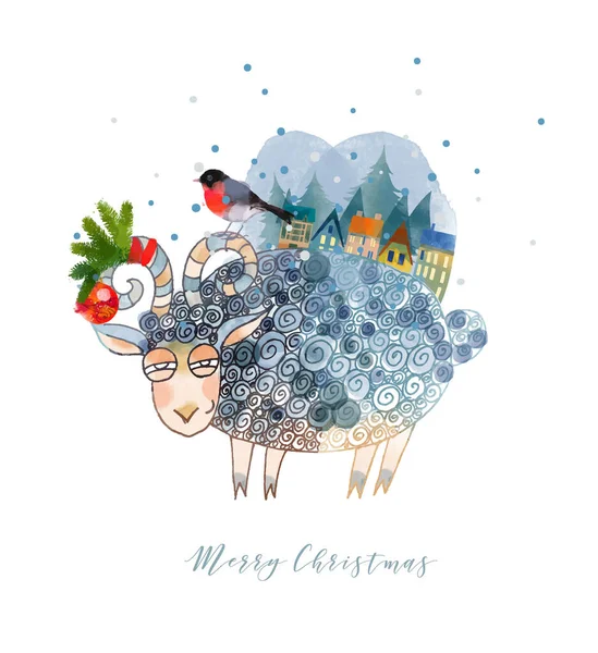 メリークリスマスと幸せな新年のカード 冬の風景を背景にお茶を入れた可愛い子羊 — ストック写真
