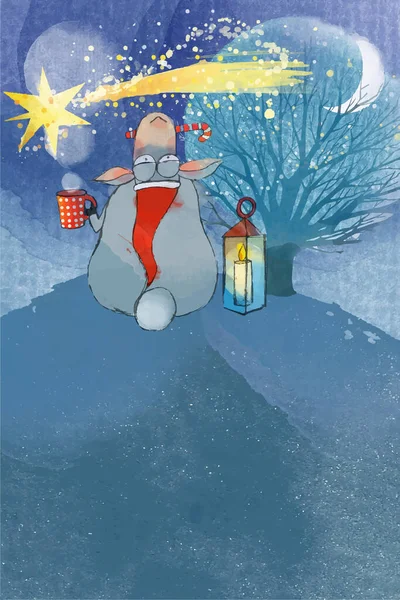 圣诞快乐 新年快乐 在冬季风景的背景下 可爱的小羊和一杯茶 — 图库照片