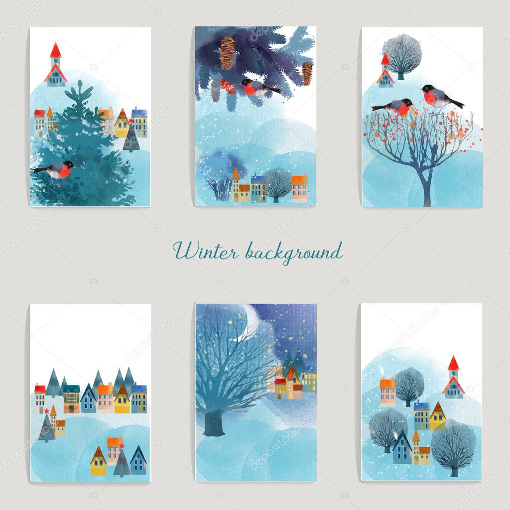 Merry Christmas and Happy New Year card. Watercolor winter vector  background
