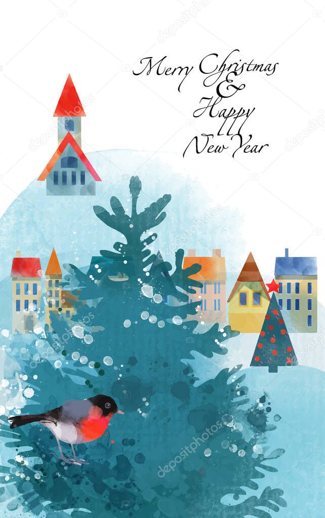 Merry Christmas and Happy New Year card. Watercolor winter vector  background