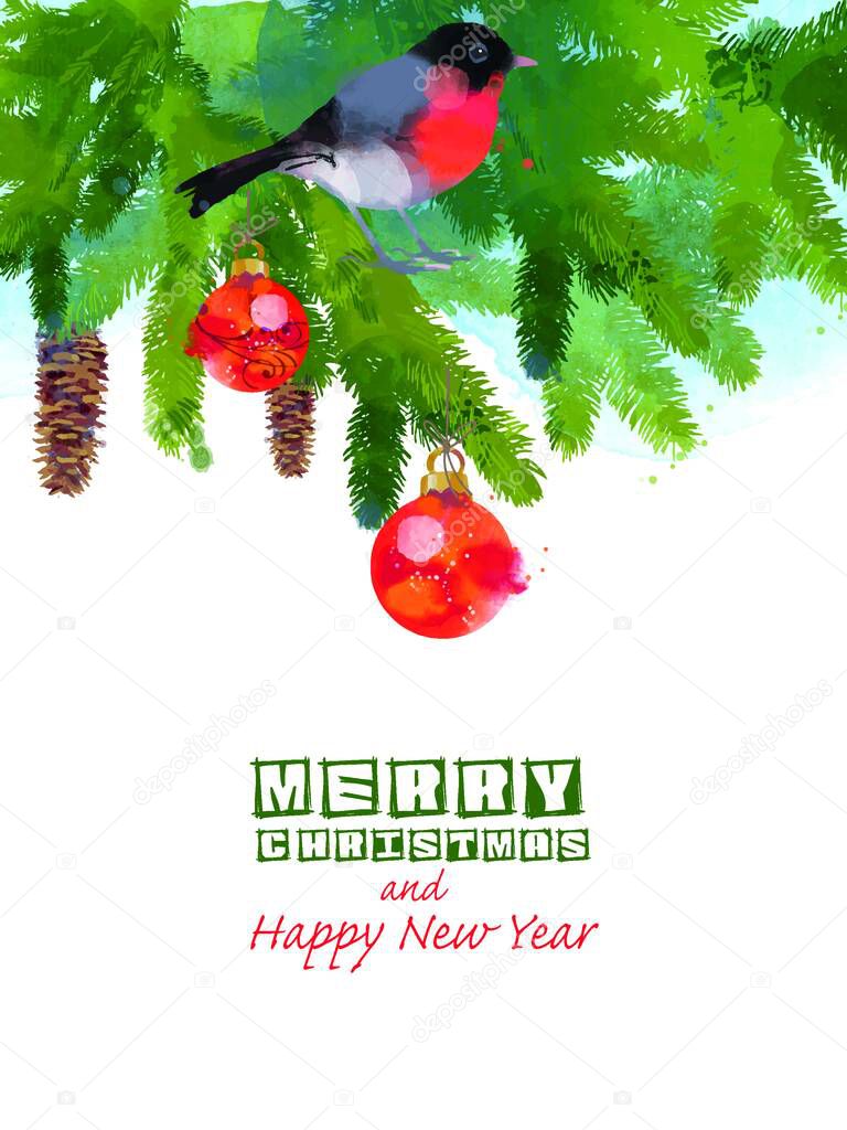 Merry Christmas and Happy New Year card. Watercolor winter vector  background