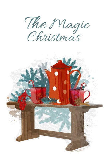 Weihnachtskarte Hintergrund Mit Einer Kaffeekanne Und Zwei Tassen Heißem Kakao — Stockvektor