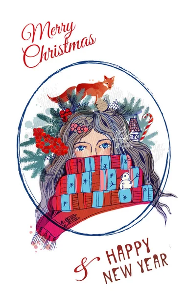 Fond Carte Noël Avec Fille Dans Foulard — Image vectorielle