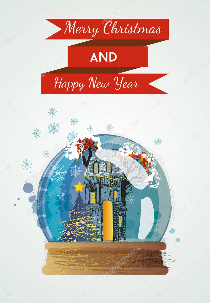 Christmas card background with snow globe