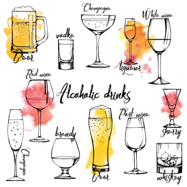 Alkollü içecekler: şampanya, kırmızı şarap, beyaz şarap, porto şarabı, likör, şeri, vermut, brendi, viski, votka, bira. Vektör ayarlandı. suluboya dokusu.