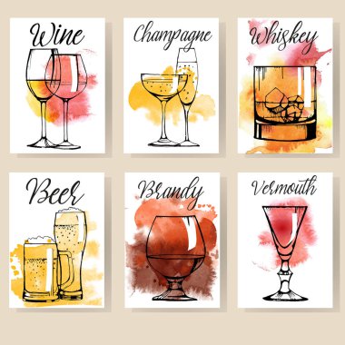 Alkollü içecekler: şampanya, kırmızı şarap, beyaz şarap, porto şarabı, likör, şeri, vermut, brendi, viski, votka, bira. Vektör ayarlandı. suluboya dokusu.