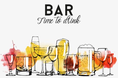 Alkollü içecekler: şampanya, kırmızı şarap, beyaz şarap, porto şarabı, likör, şeri, vermut, brendi, viski, votka, bira. Vektör ayarlandı. suluboya dokusu.