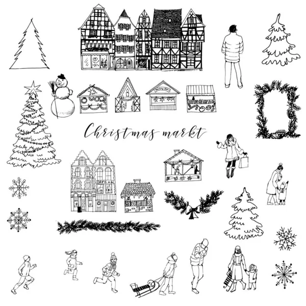 Christmas Market Europe Hand Drawn Vector Background — Stock Vector