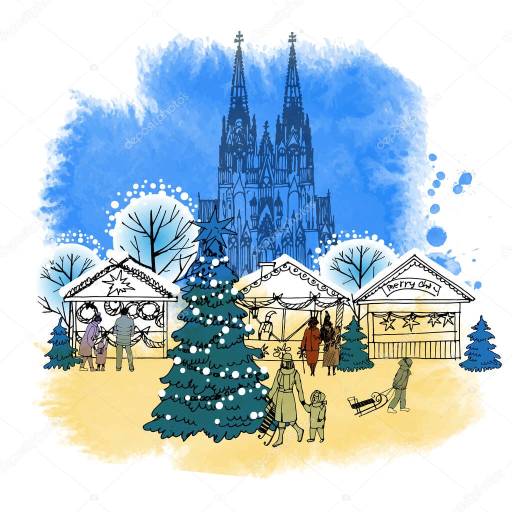 Christmas market europe. Hand drawn vector background