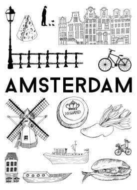 Şehir posteri Amsterdam. Yer imlerinin vektör kümesi
