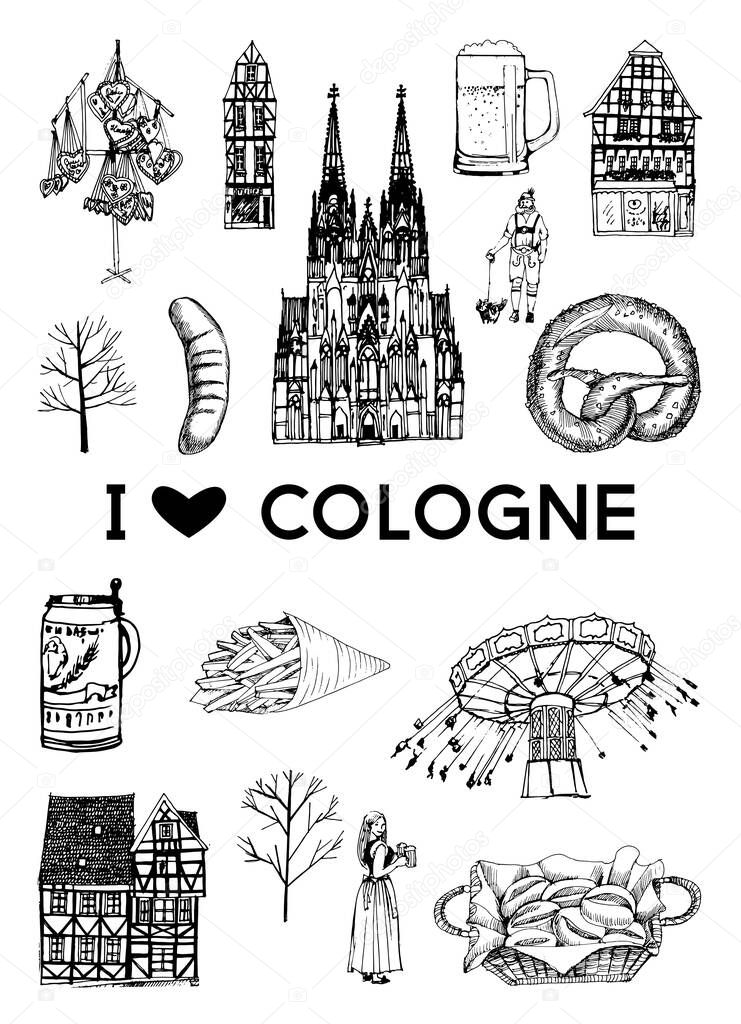 City poster Cologne. Vector set of landmarks