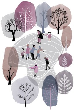 Buz pateni ve kış manzarası. Suluboya vektör arkaplanı.