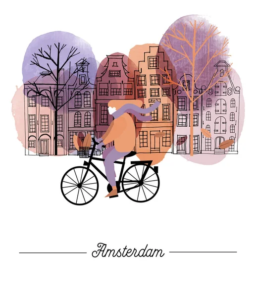 Amsterdams Stadsbild Höstens Aktivitet Falt Och Akvarell Illustration — Stock vektor