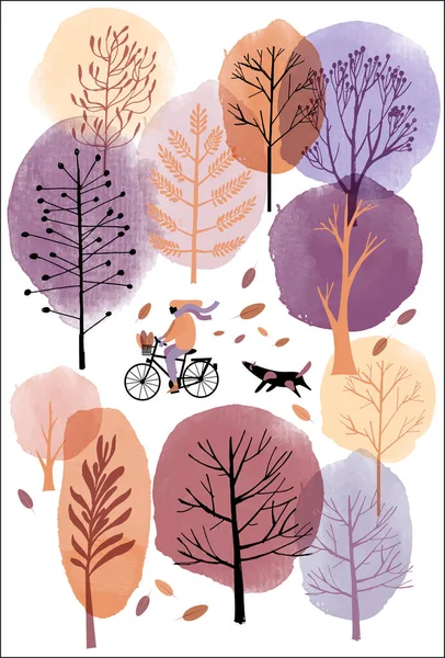 Jesienny Krajobraz Dziewczyną Rowerze Psem Akwarela Skech Ilustracja — Wektor stockowy