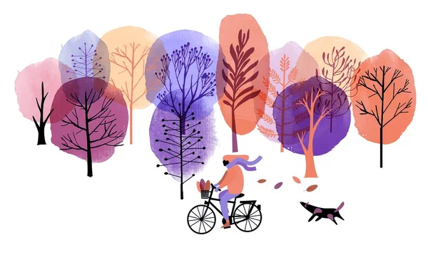 Осенний Пейзаж Девушкой Велосипеде Собакой Акварель Скеш Иллюстрация — стоковый вектор