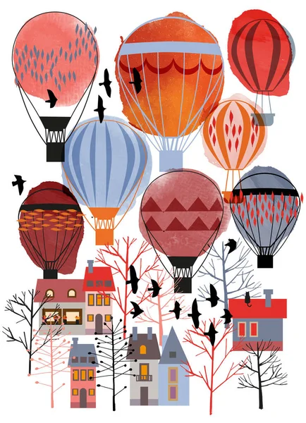 Jesienny Pejzaż Miejski Balonami Akwarela Ans Skech Ilustracja — Wektor stockowy