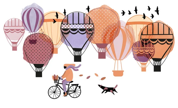 Jesienny Pejzaż Miejski Balonami Akwarela Ans Skech Ilustracja — Wektor stockowy