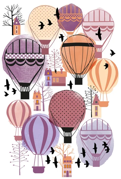 Höstens Stadsbild Med Airbaloons Akvarell Ans Skech Illustration — Stock vektor