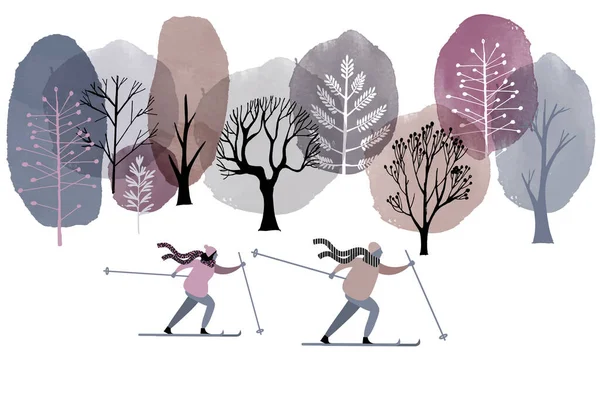 Лыжники Снегоходы Векторные Плоские Иллюстрации Акварель — стоковый вектор