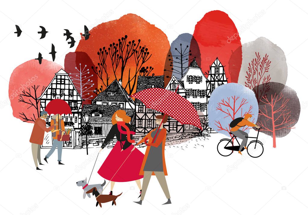 Autumn city activity. Vector watercolor illustration and flat illustration