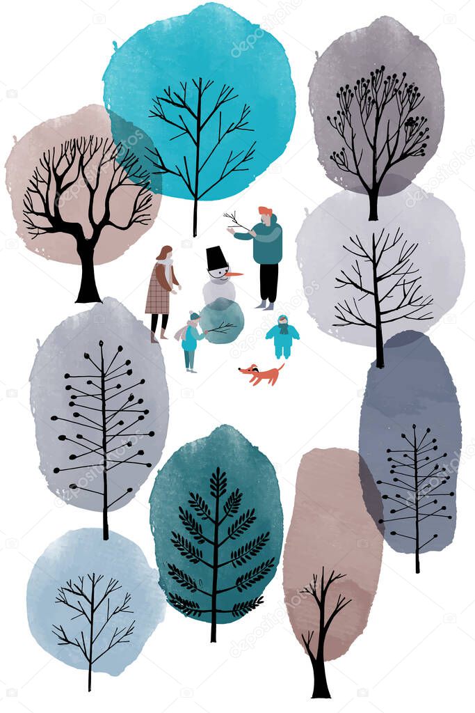 Winter family activity. watercolor vector background