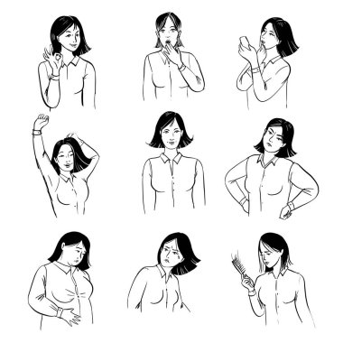 Kadın ruh halleri hazır. Çeşitli ruh hallerindeki kadınların çizim vektör çizimi.