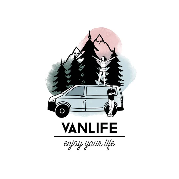 Vanlife Está Pronta Vector Esboço Fundo Aquarela — Vetor de Stock