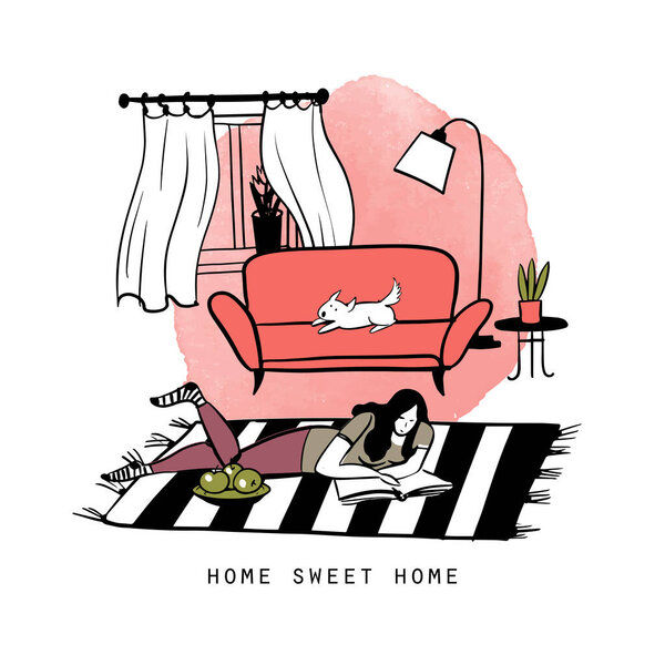 My home poster. Woman and her hobby-gardening. Sketch and watercolor illustration.