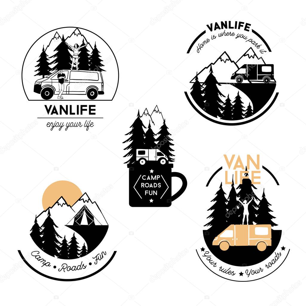 Vanlife logo set. Vector hand drawn sketch