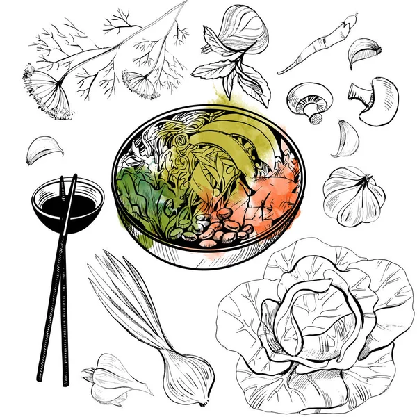 Sushi设置 素描和水彩画矢量图解 — 图库矢量图片