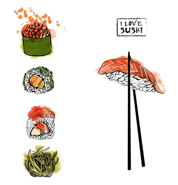 conjunto de rolos e sushi kawaii linear. livro para colorir de