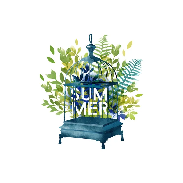 Hello Summer Card Design Watercolor Bird Cage Watercolor Summer Leaves — Stock Vector