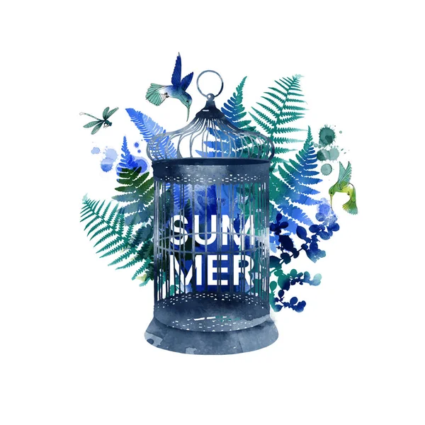 Hello Summer Card Design Watercolor Bird Cage Watercolor Summer Leaves — Stock Vector