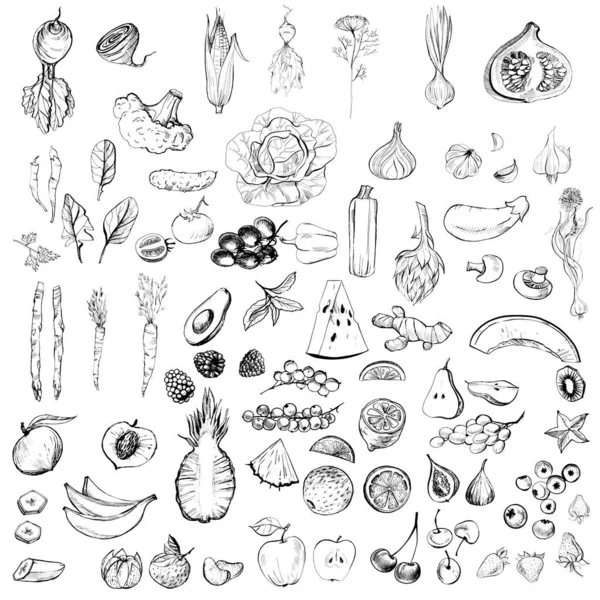 Conjunto Vetorial Desenho Frutas Legumes Desenhados Mão Ilustração — Vetor de Stock