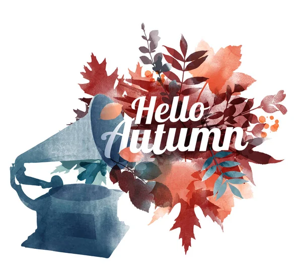 Γεια Σας Φθινοπωρινή Κάρτα Φθινόπωρο Αφήνει Υδατογραφία Διάνυσμα Φόντο — Διανυσματικό Αρχείο