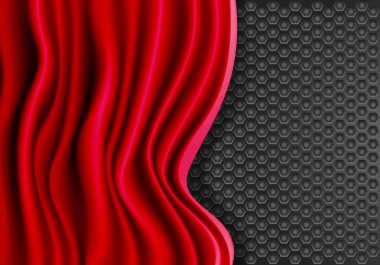 Kırmızı kumaş dalga Örtüşmeyi koyu gri altıgen kafes tasarım modern futuristik arka plan doku vektör çizim.