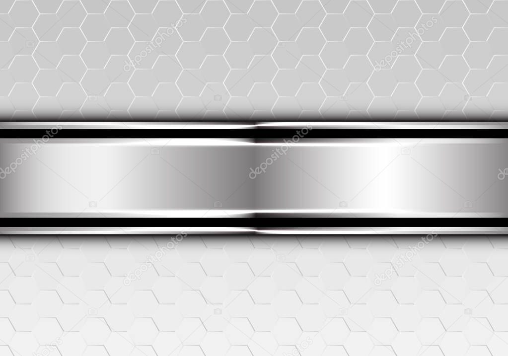 Abstract silver black line banner overlap on metallic hexagon mesh design modern futuristic background vector illustration.