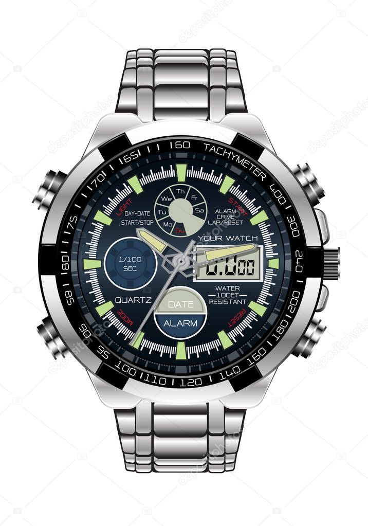 Realistic watch chronograph clock stainless steel on white background luxury vector illustration.