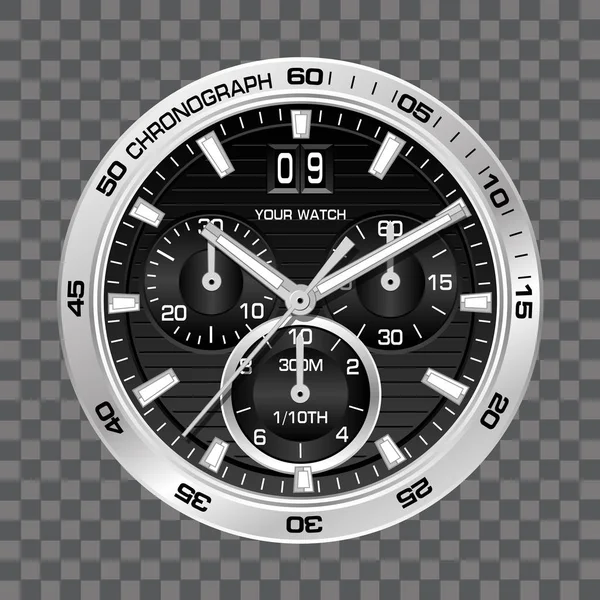 Silberne Uhr Chronographenzifferblatt Luxus Auf Grau Kariertem Hintergrund Vektor Illustration — Stockvektor