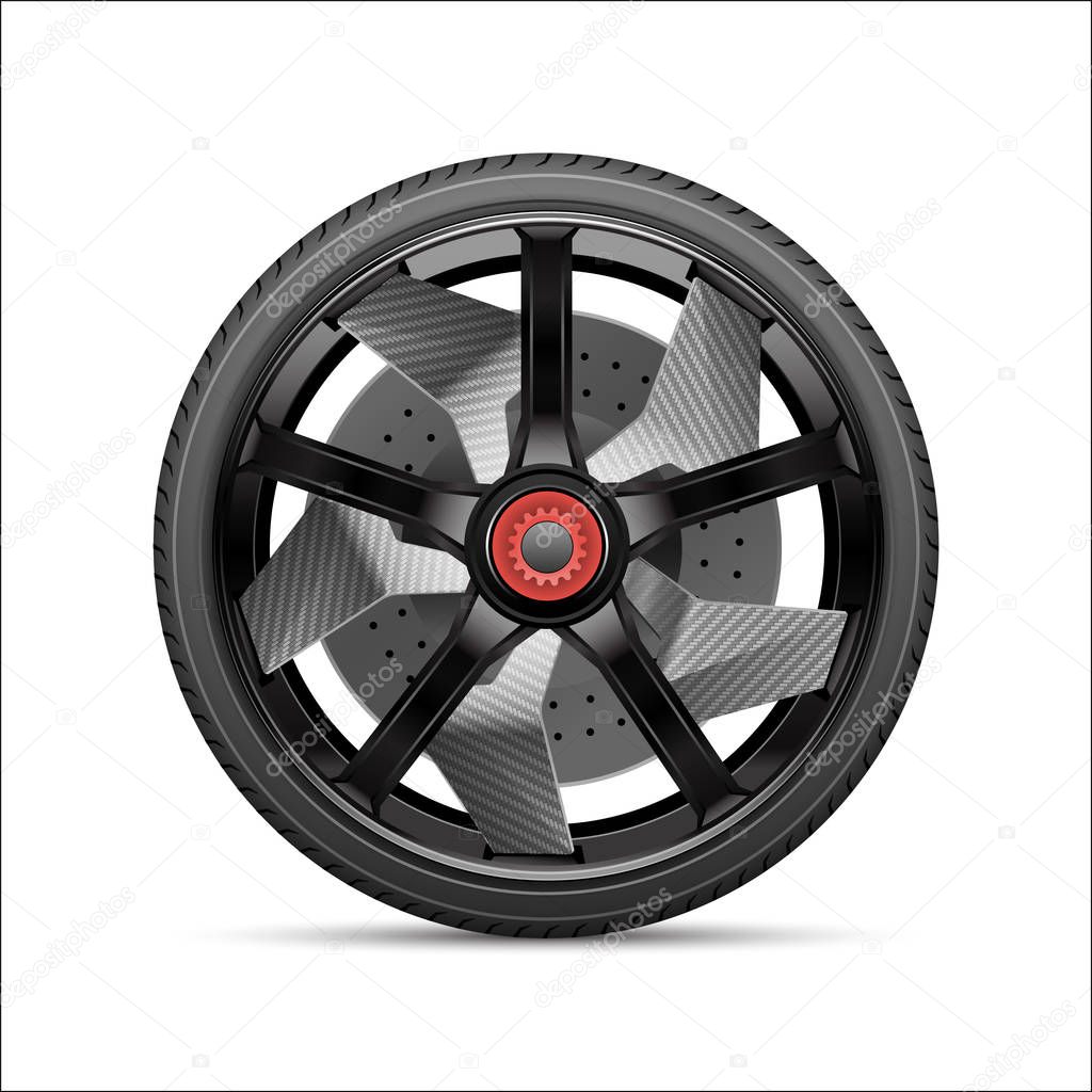 Realistic black gray car wheel alloy kevlar with tire style sport race on white background vector illustration.