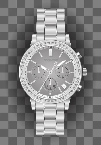 Realistic Clock Chronograph Watch Men Silver Diamond Grey Face Checkered — Stock Vector