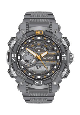 Gerçekçi saat İzle Spor Dijital chronograph gri erkekler için tasarım üzerinde beyaz arka plan vektör çizim modern.