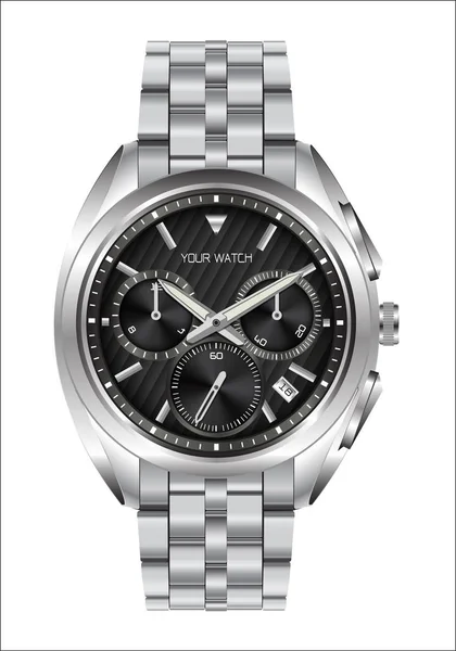 Relógio Realista Relógio Aço Inoxidável Preto Rosto Luxo Para Homens —  Vetores de Stock