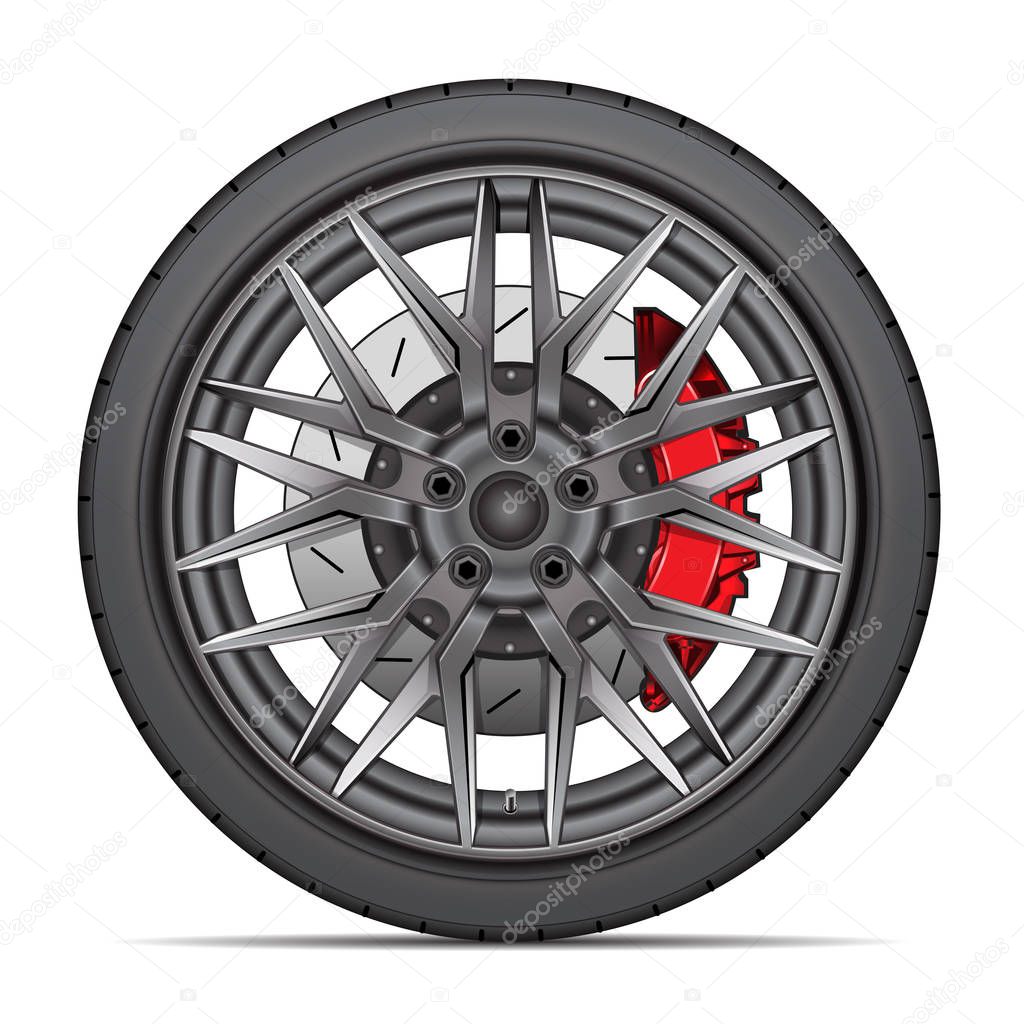 Realistic wheel alloy with tire radial and break disk for sport racing car on white background vector illustration.