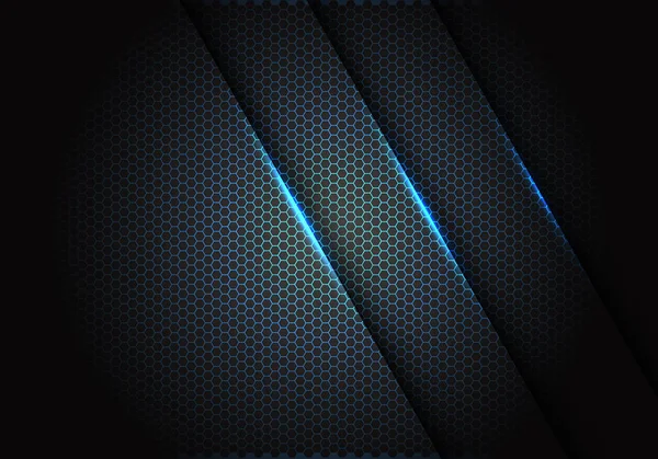 ダークグレーメタリックデザイン現代の豪華な未来的な背景ベクトルイラストで六角形メッシュパターンに抽象的な青色光 — ストックベクタ
