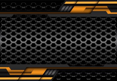 Sarı geometrik metal tasarım modern teknoloji fütüristik arka plan vektör illüstrasyon ile soyut koyu gri altıgen gümüş çizgi.
