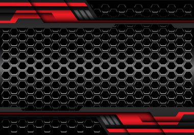 Kırmızı geometrik metal tasarım modern teknoloji fütüristik arka plan vektör illüstrasyon ile soyut koyu gri altıgen gümüş çizgi.