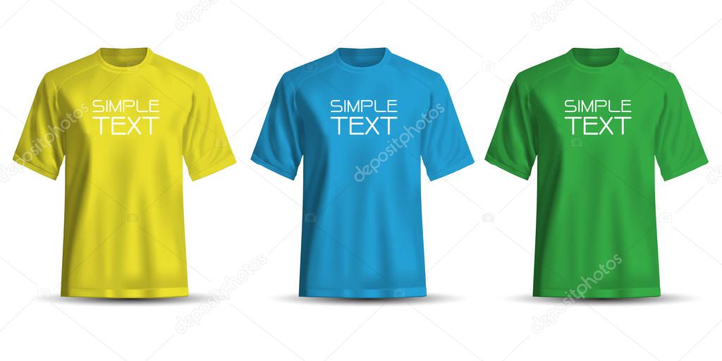 Realistic T-shirt yellow blue green on white background vector illustration.