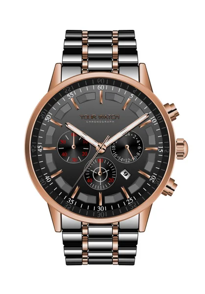 Horloge Réaliste Chronographe Noir Acier Cuivre Luxe Pour Les Hommes — Image vectorielle